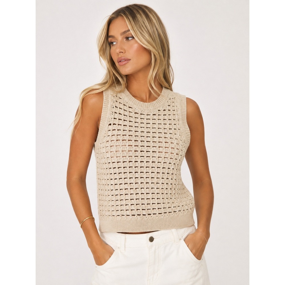 Massimo Dutti Cream Open Knit Crochet Sleeveless Sweater Vest Top S
